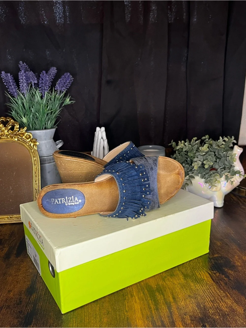 Patrizia by Spring Step Blue Fringe Wedge Sandals 7.5-8